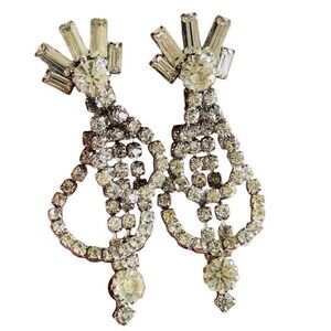 VTG Baguette crystal rhinestone Earrings jeweled silver Dangle 50s clip 2.25"